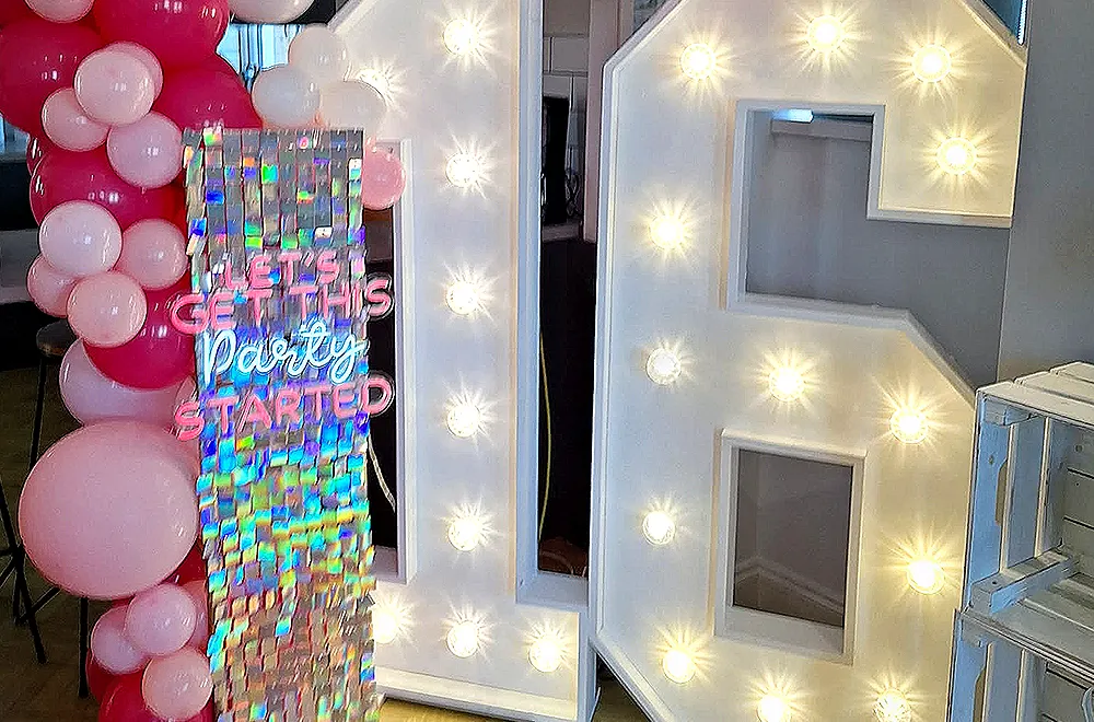 Eventz photobooth 360 experience giant lightup letters and numbers party exclusive prints setup South Wales, Swansea, Cardiff, UK.